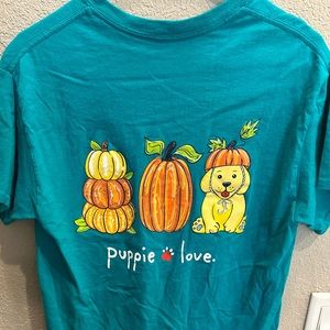 Puppie Love Fall Teal Women’s Short Sleeve Tee, size Medium